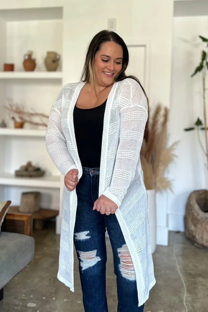 White Double Take openwork longline cardigan — front styling view