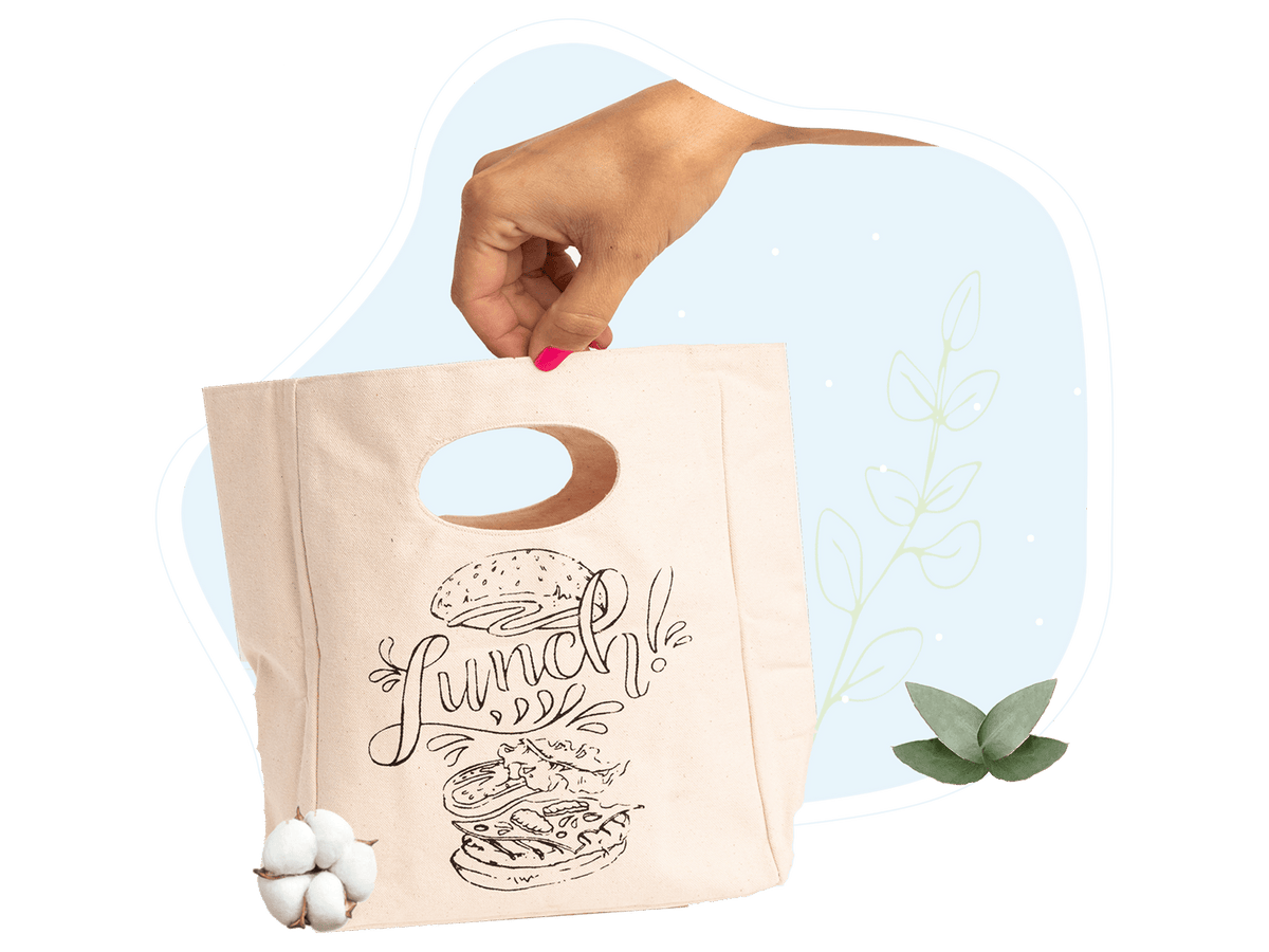 Printed lunch bag held by its cutout handles
