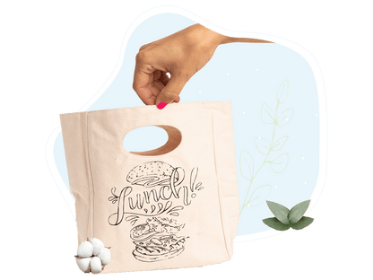 Printed lunch bag held by its cutout handles