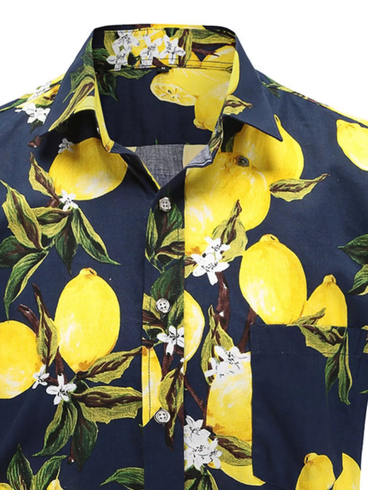 Close-up of the lemon-and-leaf print, collar, buttons and chest pocket.