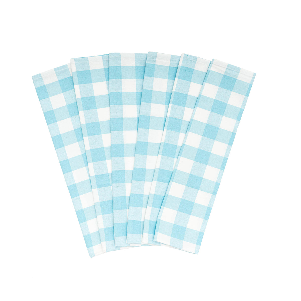 Six aqua-and-white plaid cotton kitchen towels arranged in a fan.