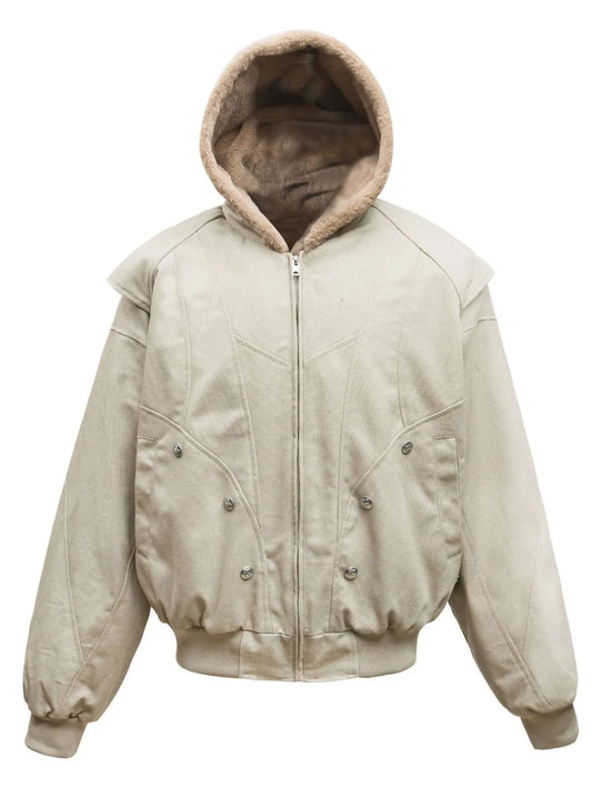 Apricot hooded bomber jacket with zip front and snap-detail pockets, front view