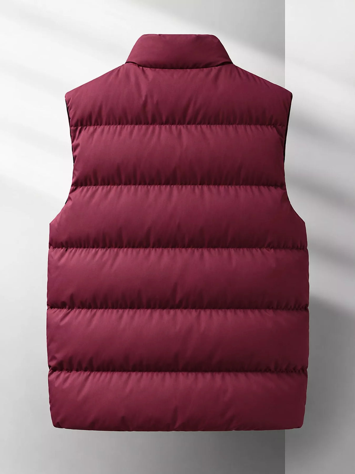 Burgundy men's lightweight zip-up puffer vest — back view