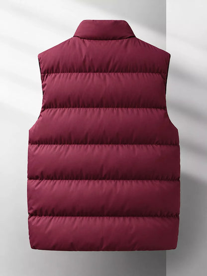 Burgundy men's lightweight zip-up puffer vest — back view