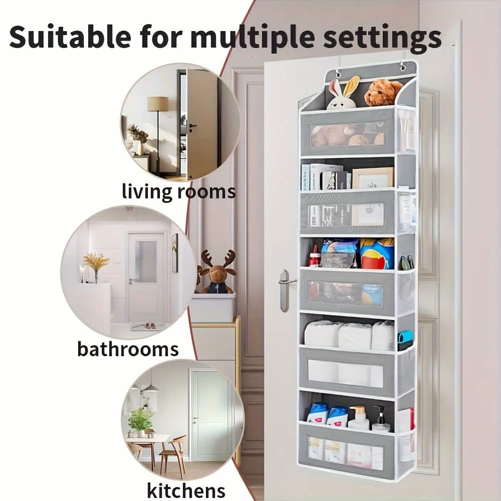 One grey over-door organizer shown in different rooms; room furnishings and contents are not included.