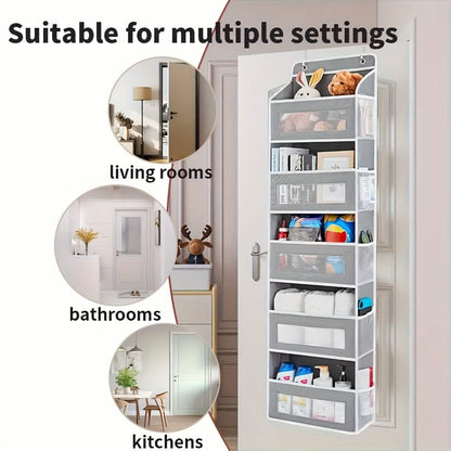 One grey over-door organizer shown in different rooms; room furnishings and contents are not included.