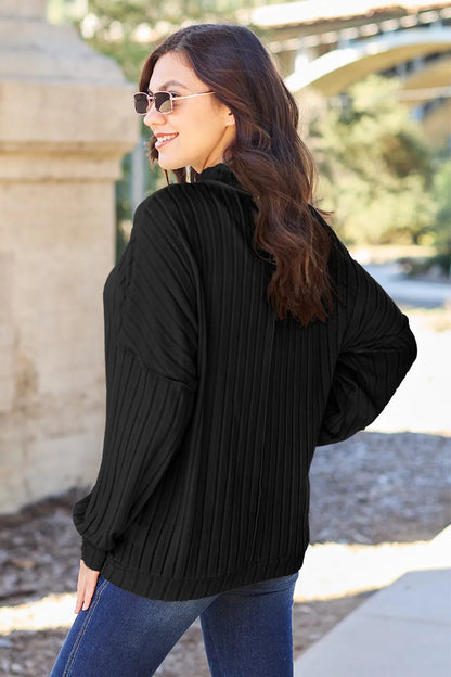 Basic Bae ribbed mock-neck long-sleeve knit top in Black, back view; top only.