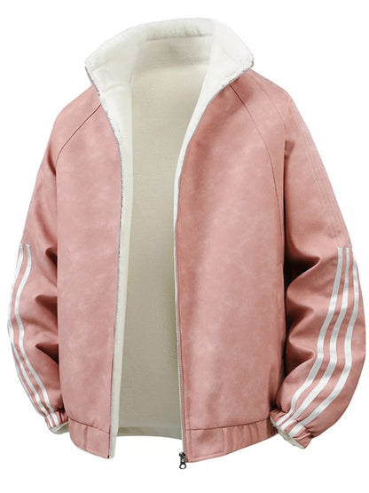Pink men's fleece-lined zip-up jacket, garment-only front view showing striped sleeves and contrasting lining.