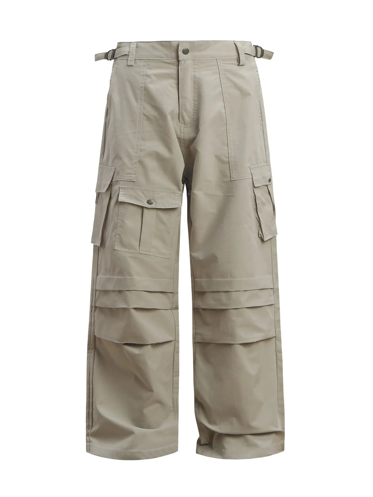 Grey wide-leg cargo trousers with flap pockets and waist buckle tabs, front view