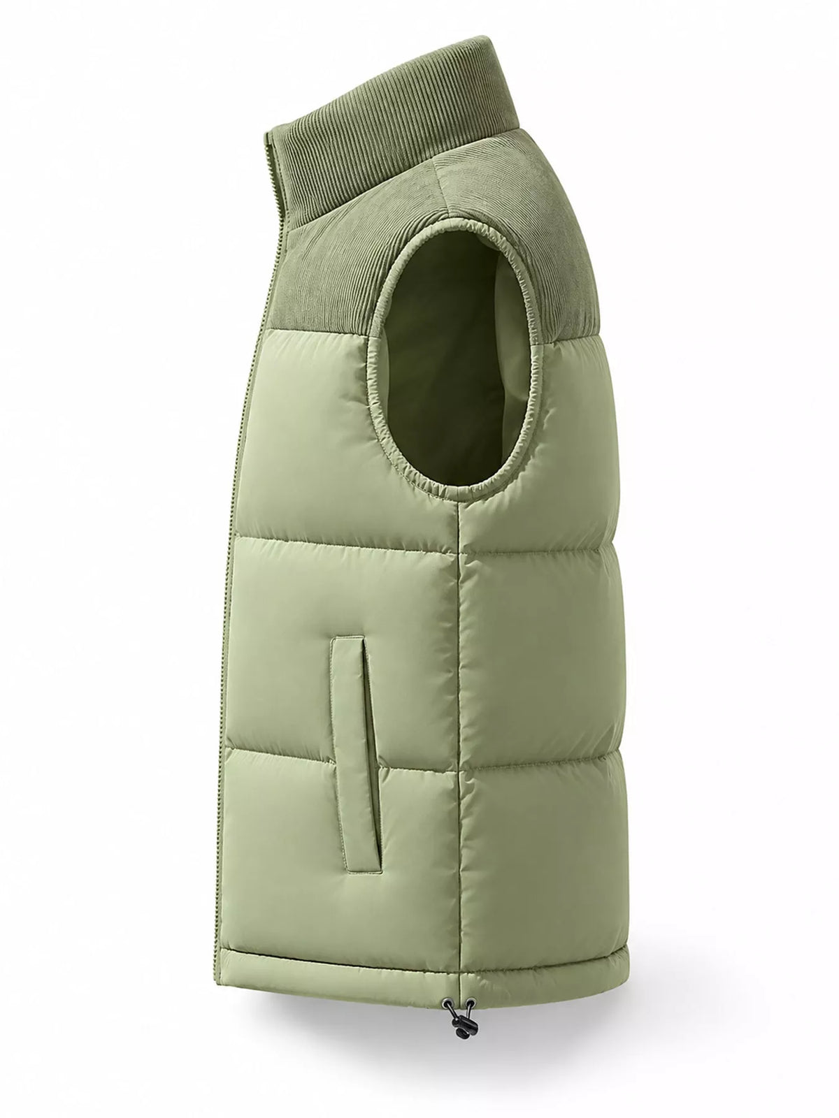 Apple Green men's corduroy-panel puffer vest, side view. One vest is sold.