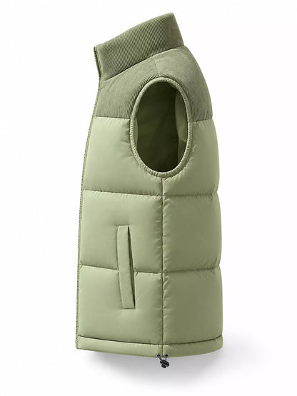 Apple Green men's corduroy-panel puffer vest, side view. One vest is sold.