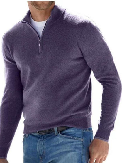 Men's Dark Purple quarter-zip long-sleeve sweater, front view; sweater only.