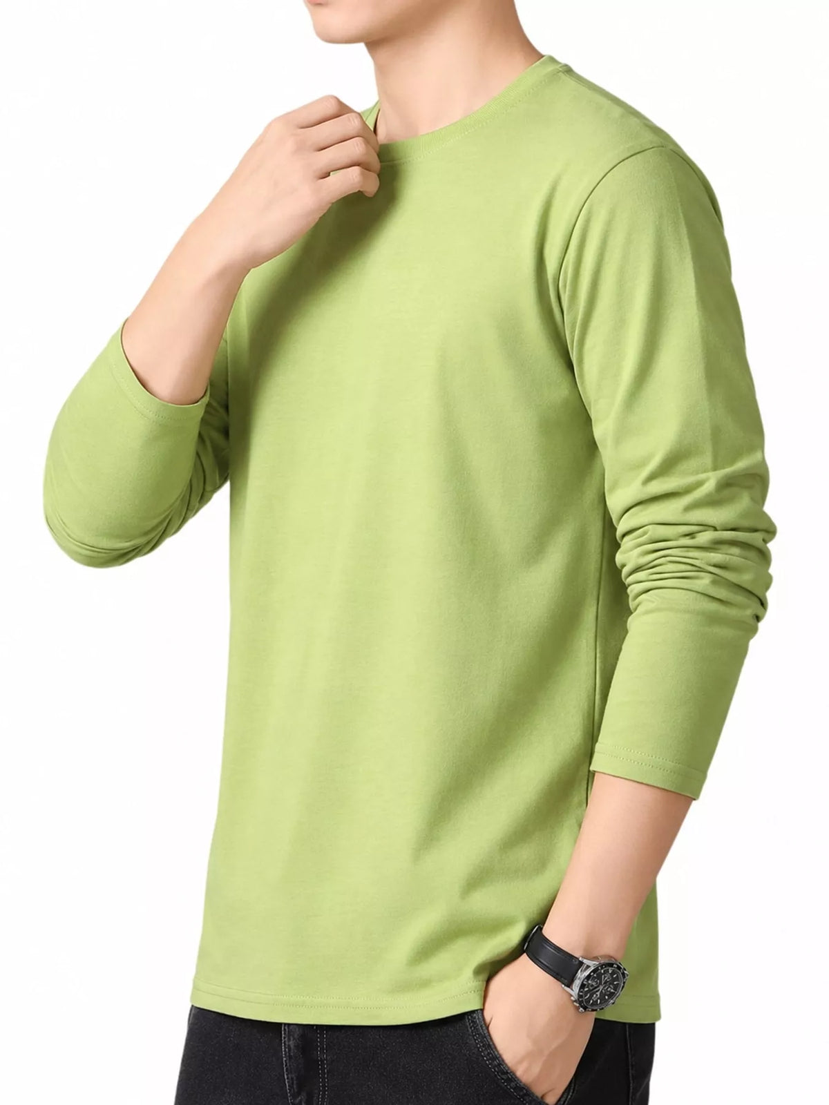 Sage men's cotton long-sleeve crewneck tee, side view.