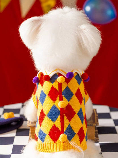 Rear view of a small dog wearing a yellow diamond-pattern pet sweater.