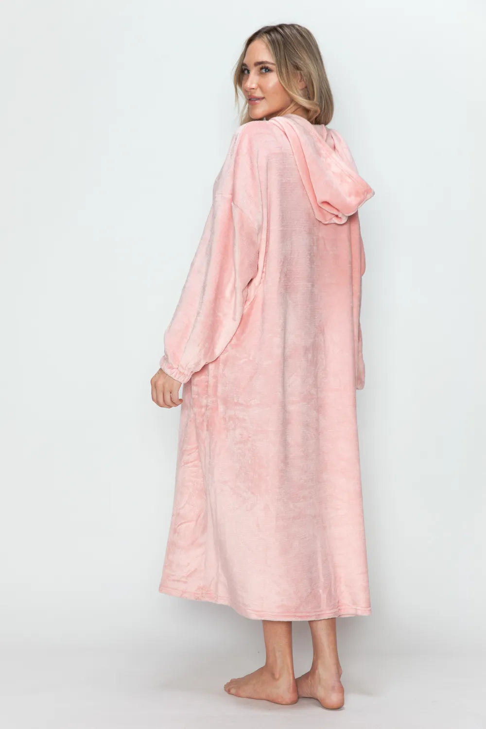 Dusty Pink hooded midi lounge dress with long sleeves and front kangaroo pocket, back view. One dress; styling accessories not included.