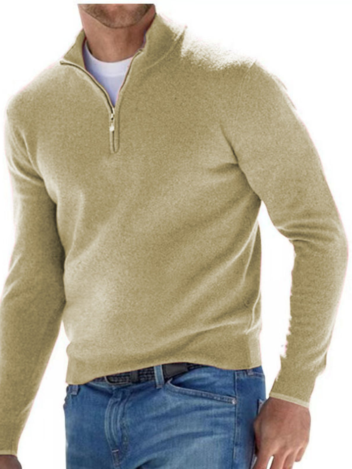 Men's Chartreuse quarter-zip long-sleeve sweater, front view; sweater only.