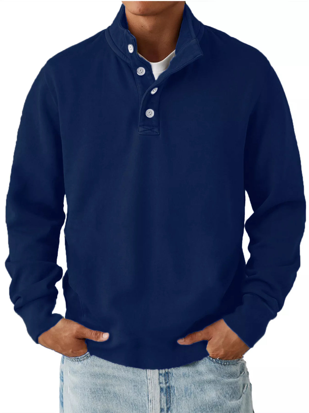 Navy men’s long-sleeve sweatshirt with stand collar and button placket, worn over a separate light T-shirt and jeans. One sweatshirt only.