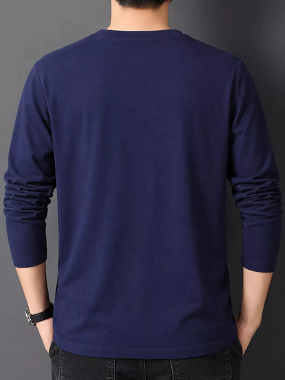 Navy men's cotton long-sleeve crewneck tee, back view.