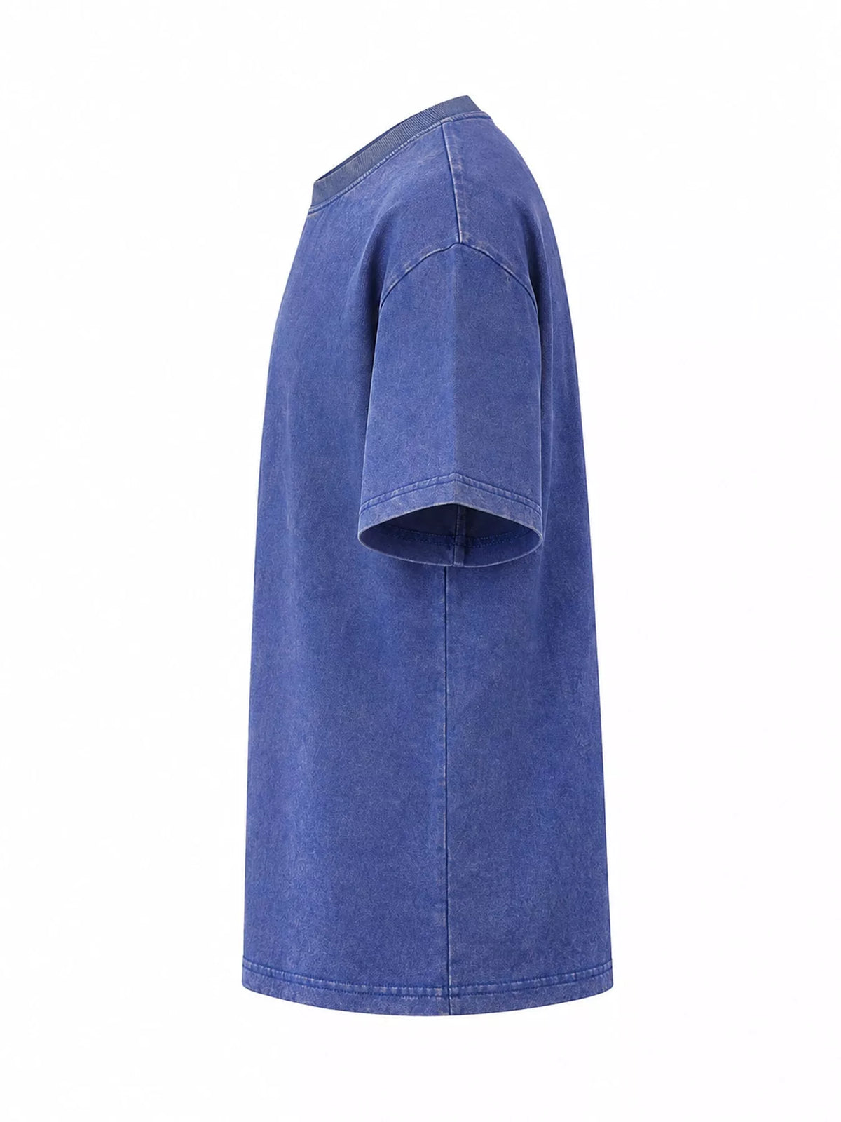 Blue-Washed acid-wash oversized crewneck T-shirt, side view. One shirt only.