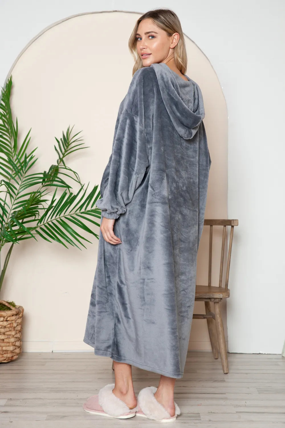 Dark Gray hooded midi lounge dress with long sleeves and front kangaroo pocket, back view. One dress; styling accessories not included.