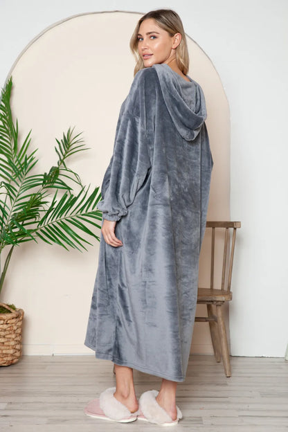 Dark Gray hooded midi lounge dress with long sleeves and front kangaroo pocket, back view. One dress; styling accessories not included.