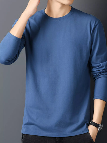 Dusty Blue men's cotton long-sleeve crewneck tee, front view.