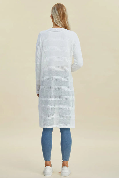 White Double Take openwork longline cardigan — back view