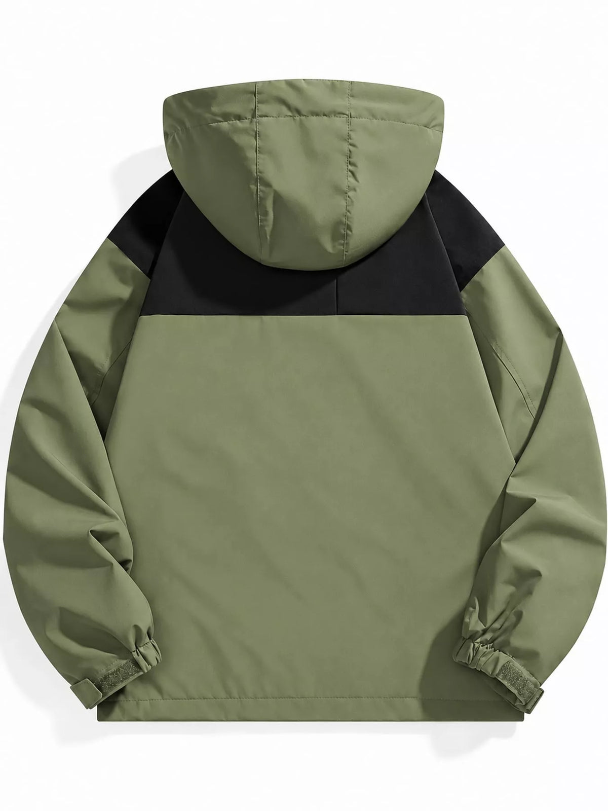 Green windbreaker with black shoulder panels, back view.