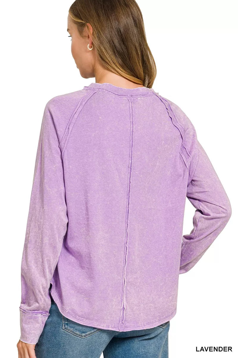 Back view of the lavender Zenana washed long-sleeve top with exposed seams. Top only.