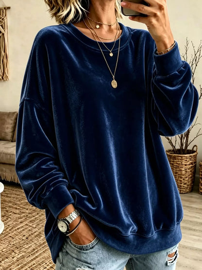 Velvet crewneck sweatshirt — Navy front view. One sweatshirt only; jewellery and jeans are styling items, not included.