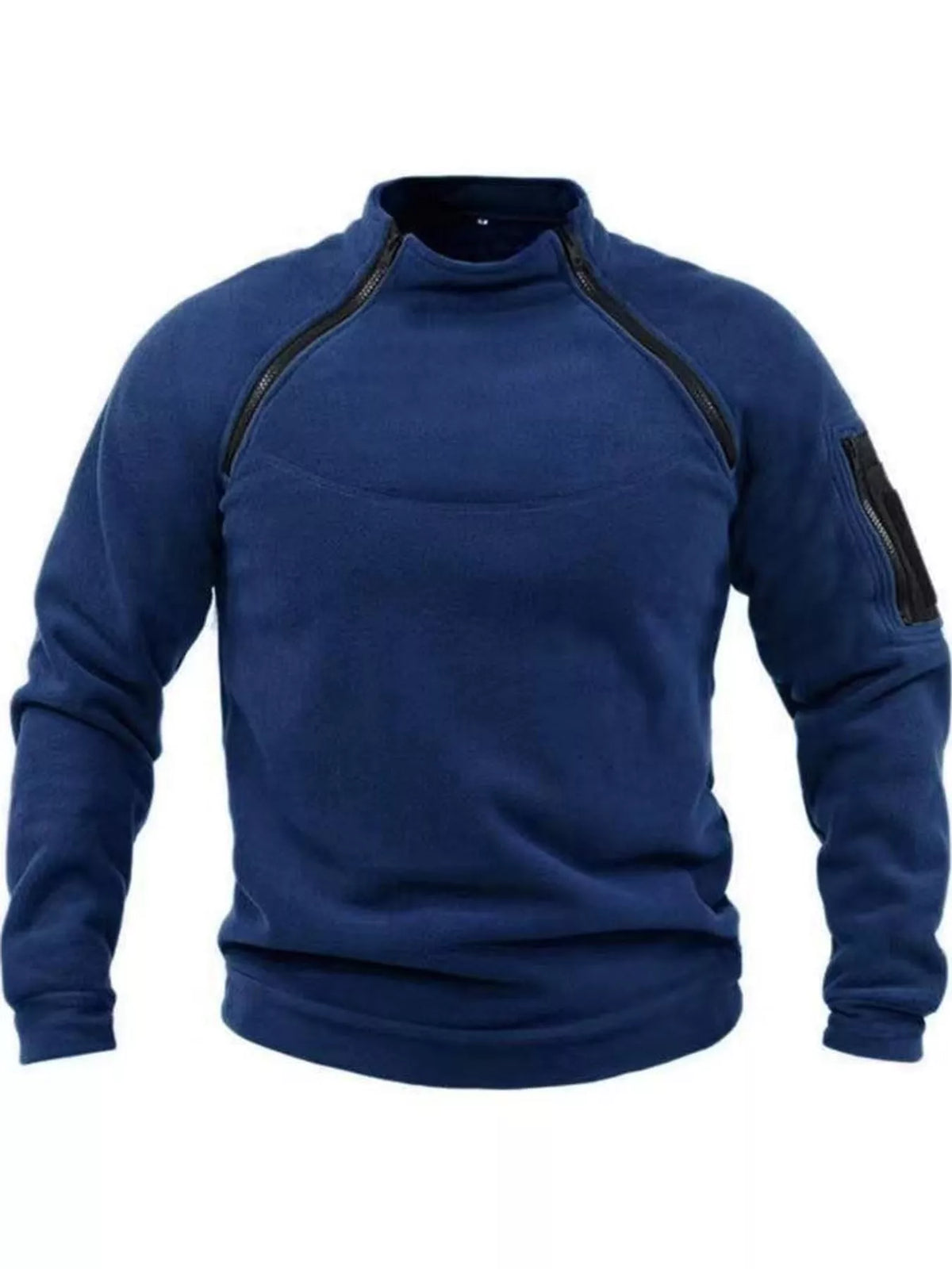 Navy men's fleece sweatshirt with stand collar, two angled neckline zips and a zippered sleeve pocket, front product view. One sweatshirt only.