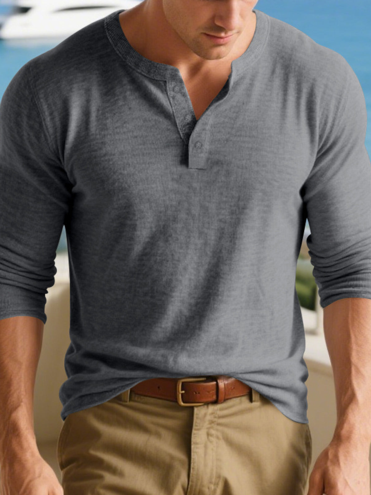 Dark gray cotton-rich long-sleeve Henley shirt shown from the front.