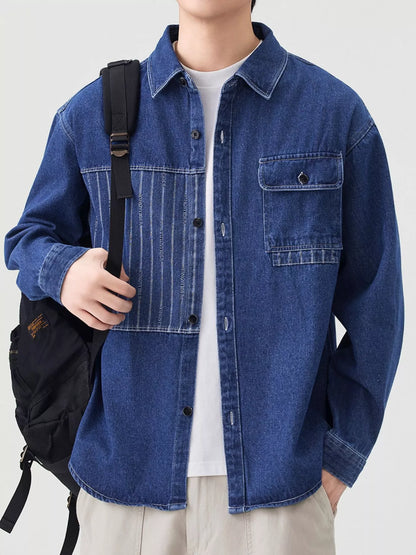 Dark Blue men's button-up denim shirt, front view, styled over a white T-shirt