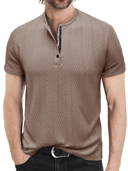 Taupe men's chevron-textured short-sleeve Henley shirt, front view; shirt only