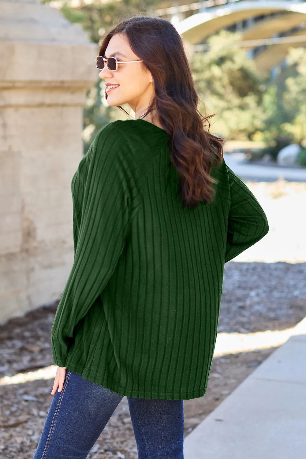 Basic Bae opaque ribbed long-sleeve knit top in Dark Green, back view