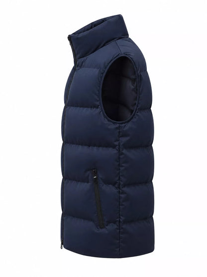 Blue men's lightweight zip-up puffer vest — side view