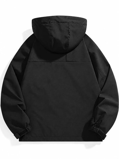 Black hooded windbreaker, back view.