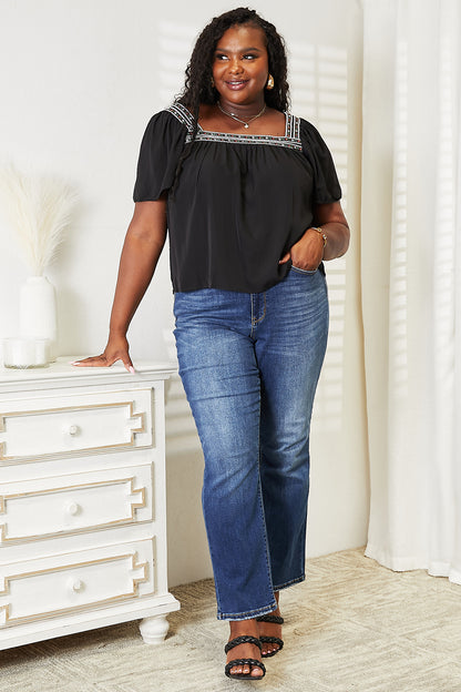Full styling view of the Honey blouse; jeans and shoes are not included.