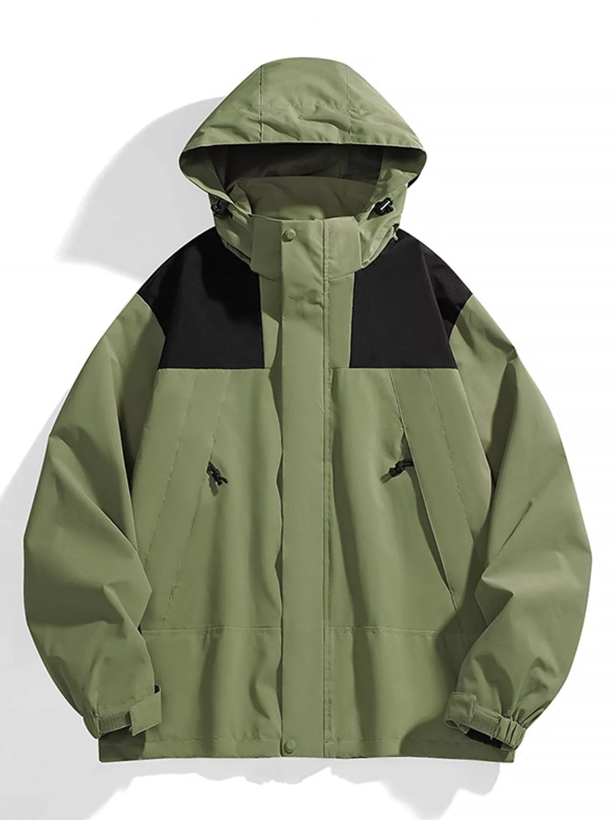 Green windbreaker with black shoulder panels, front view.