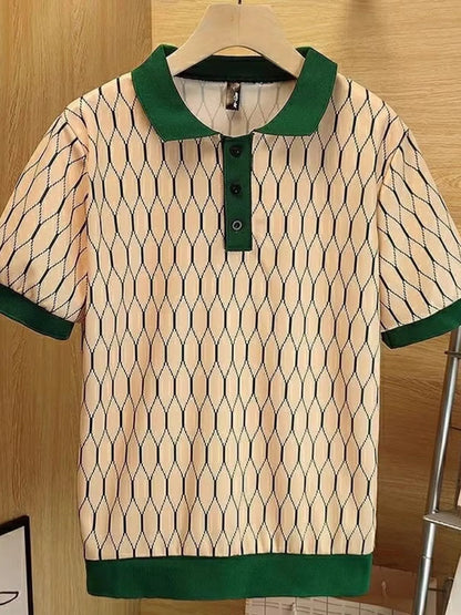Green variant diamond-pattern polo with a light tan body, dark green collar, button placket and ribbed trim; hanger not included.