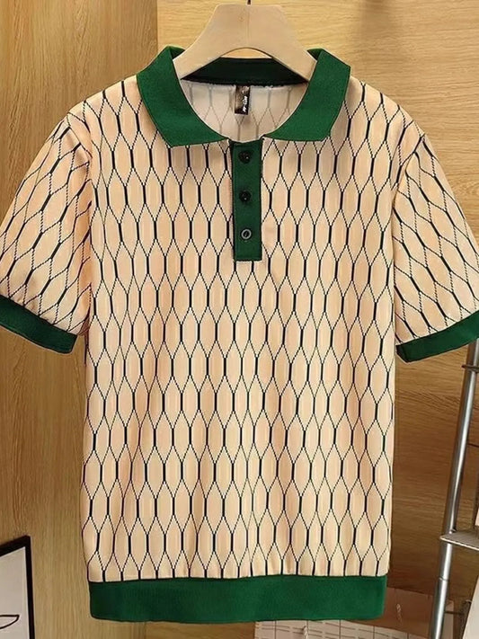 Green variant diamond-pattern polo with a light tan body, dark green collar, button placket and ribbed trim; hanger not included.