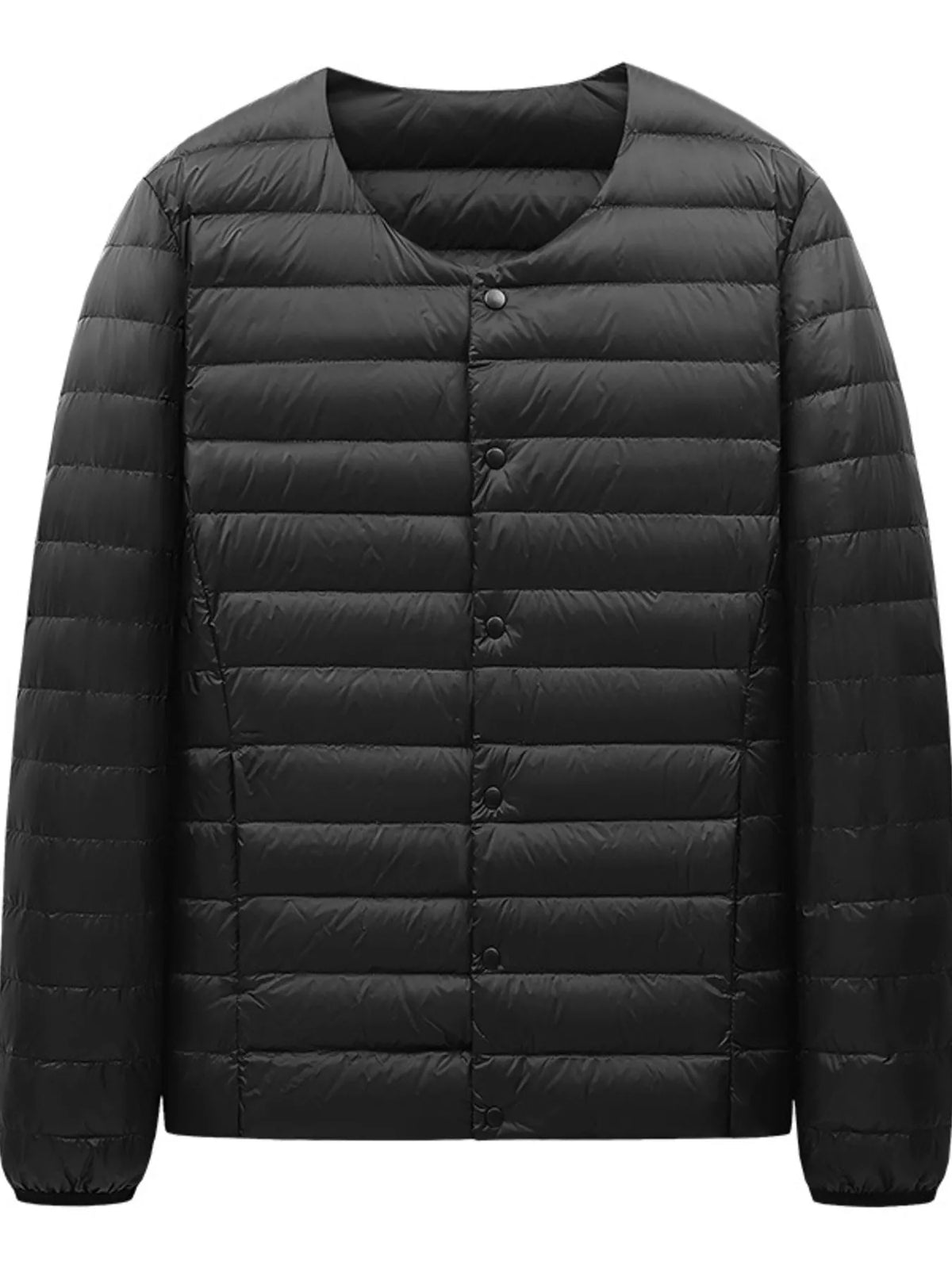 Black snap-front quilted jacket, garment-only front view