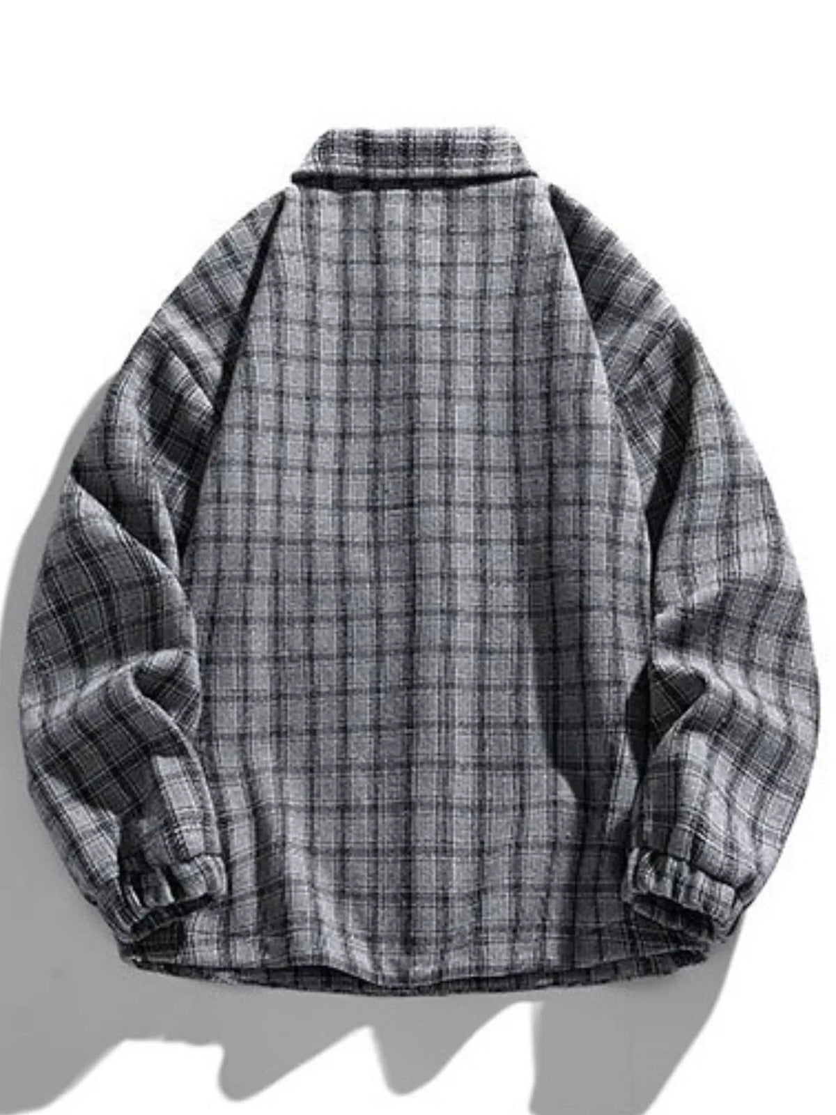 Back view of the Gray plaid jacket with long sleeves.