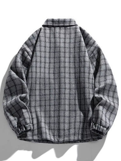 Back view of the Gray plaid jacket with long sleeves.