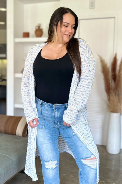 Multicolor Double Take openwork longline cardigan — front view