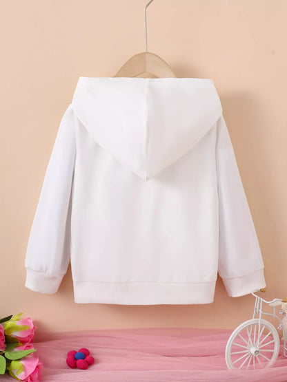 Back of children's gray-white hoodie showing hood and long sleeves