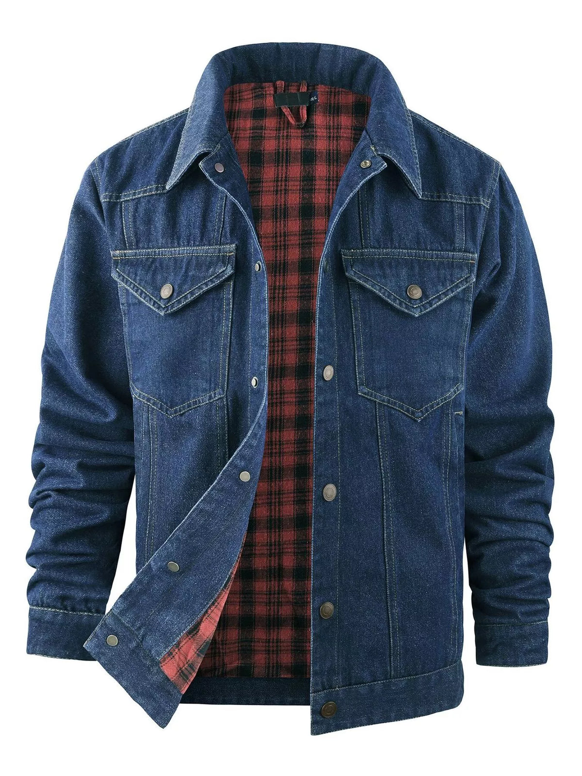 Dark blue snap-front jacket, open front showing red plaid interior