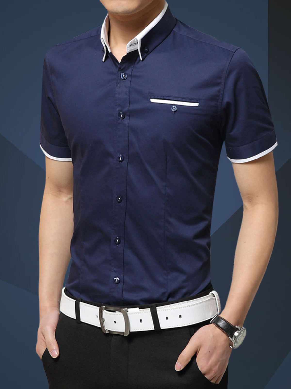Men's Dark Blue button-up short-sleeve shirt, front view. Shirt only; styling accessories not included.