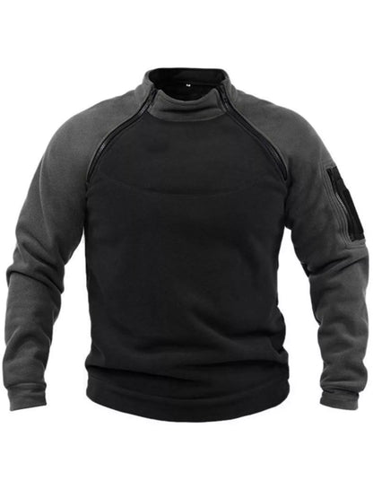 Colour-block fleece sweatshirt with grey shoulders and sleeves and a dark body.