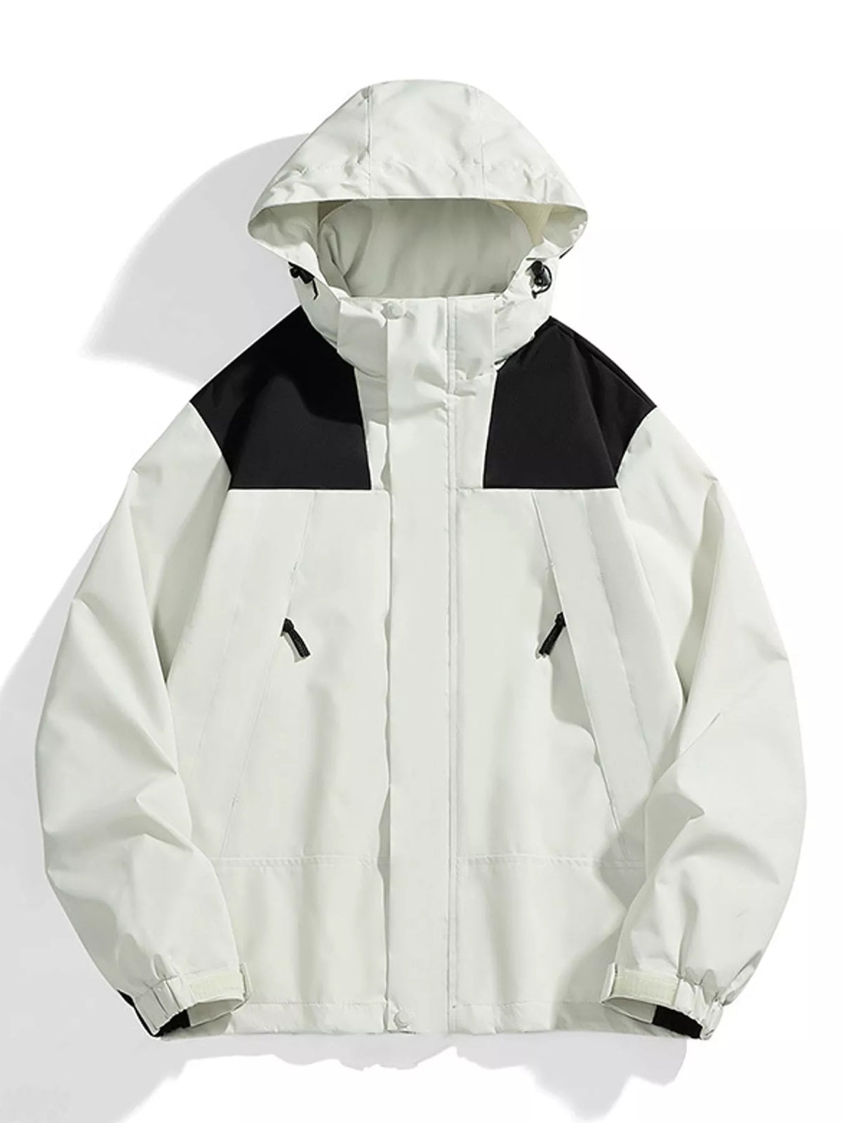 Ivory windbreaker with black shoulder panels, front view.